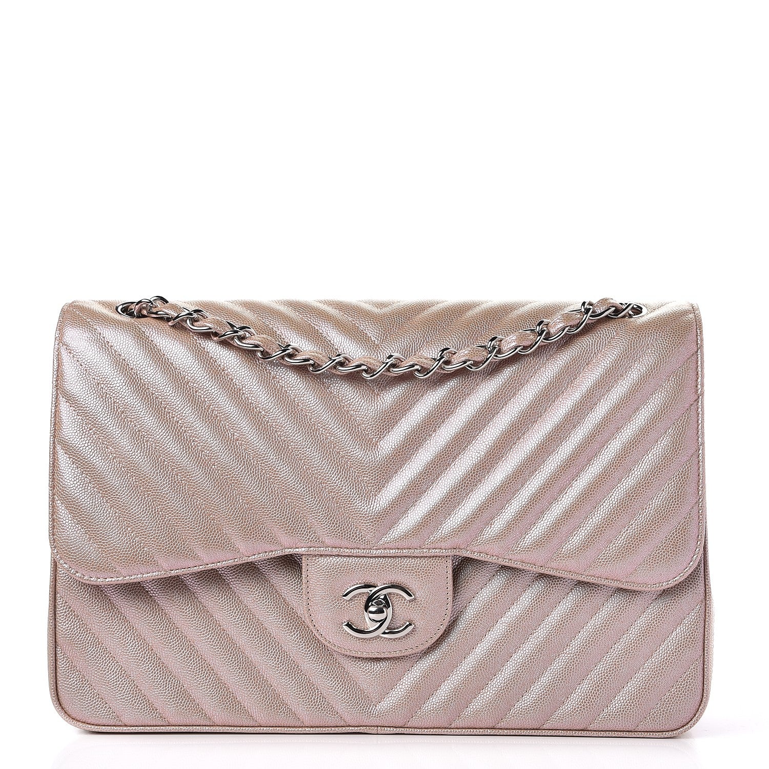 Chanel Metallic Caviar Chevron Quilted Jumbo Double Flap Light Gold 1 of 10
