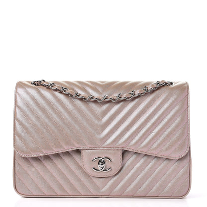 Chanel Metallic Caviar Chevron Quilted Jumbo Double Flap Light Gold 1 of 10