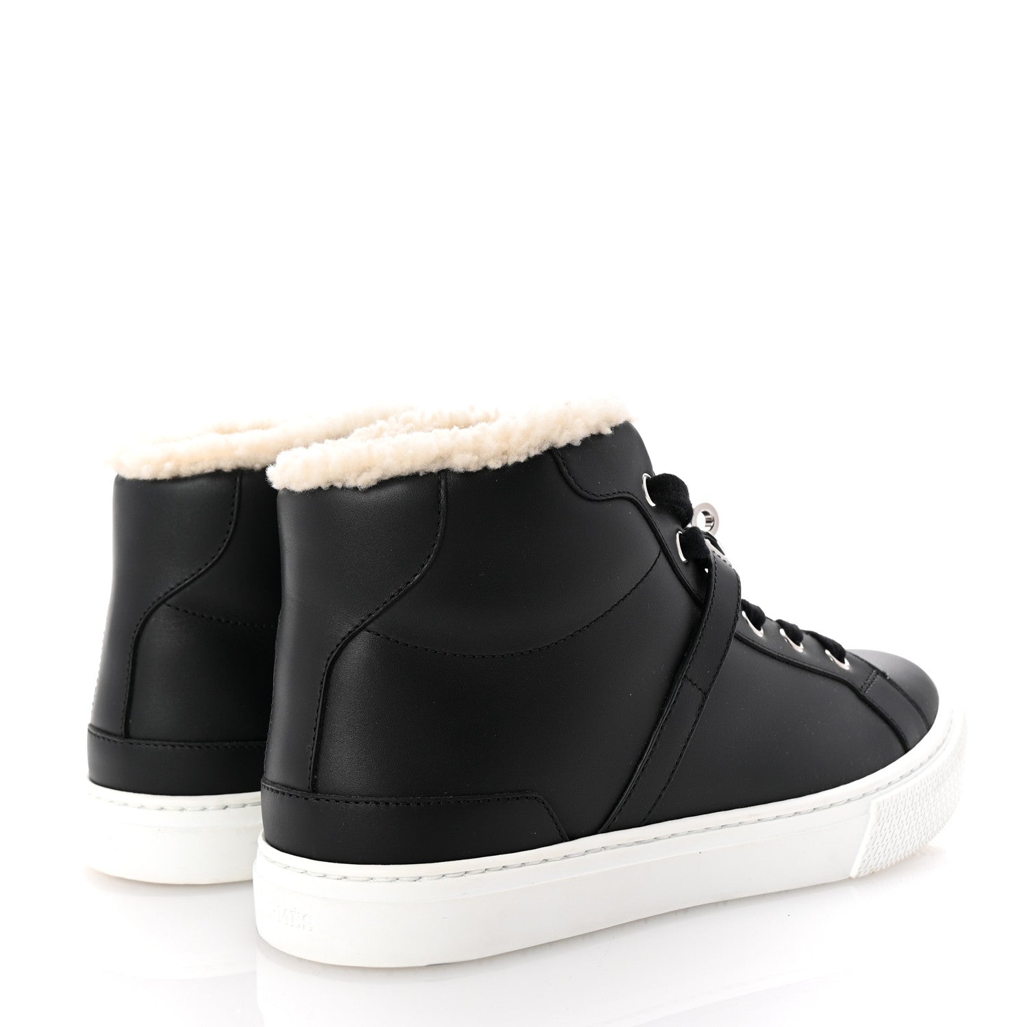 Hermes Calfskin Shearling High-Top Day Sneakers 37.5 Black Ecru 5 of 9