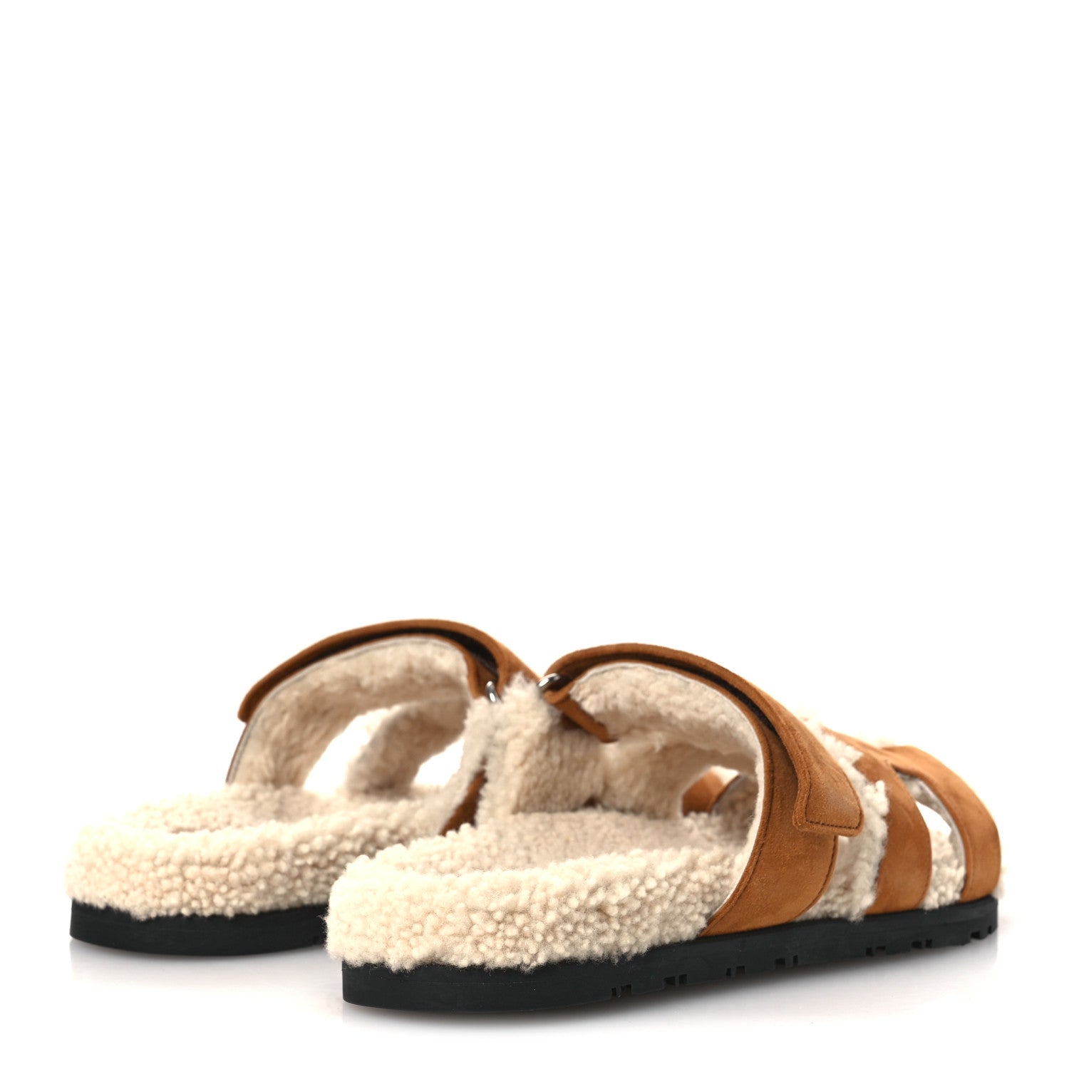 Hermes Suede Goatskin Woolskin Womens Chypre Sandals 37 Brun Fume Ecru 5 of 11