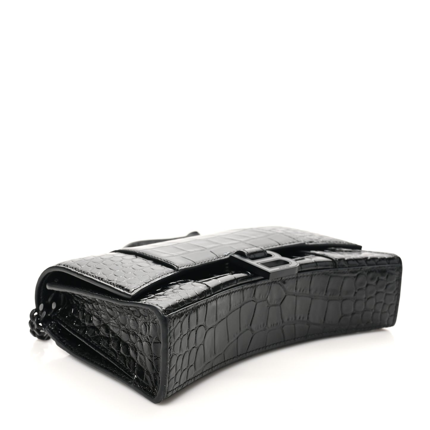 Shiny Calfskin Monochrome Crocodile Embossed Small Hourglass Evening Chain Bag Black