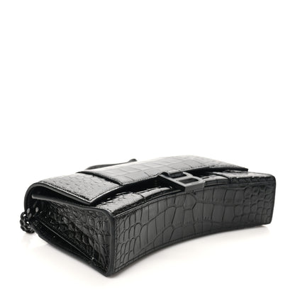 Balenciaga Shiny Calfskin Monochrome Crocodile Embossed Small Hourglass Evening Chain Bag Black 4 of 10