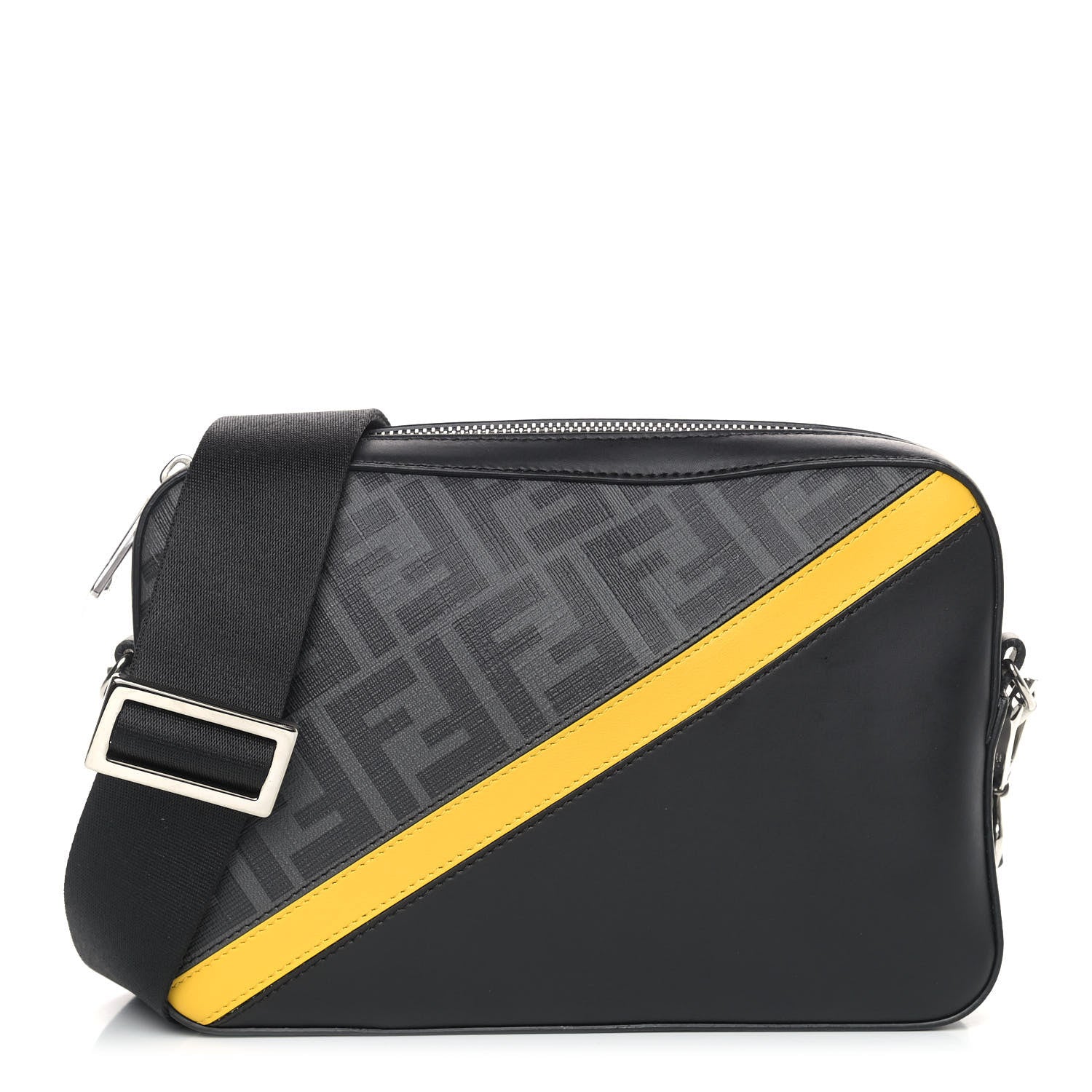 Fendi Glazed Fabric Vitello Liberty FF 1974 Diagonal Medium Camera Case Black Sunflower 1 of 9