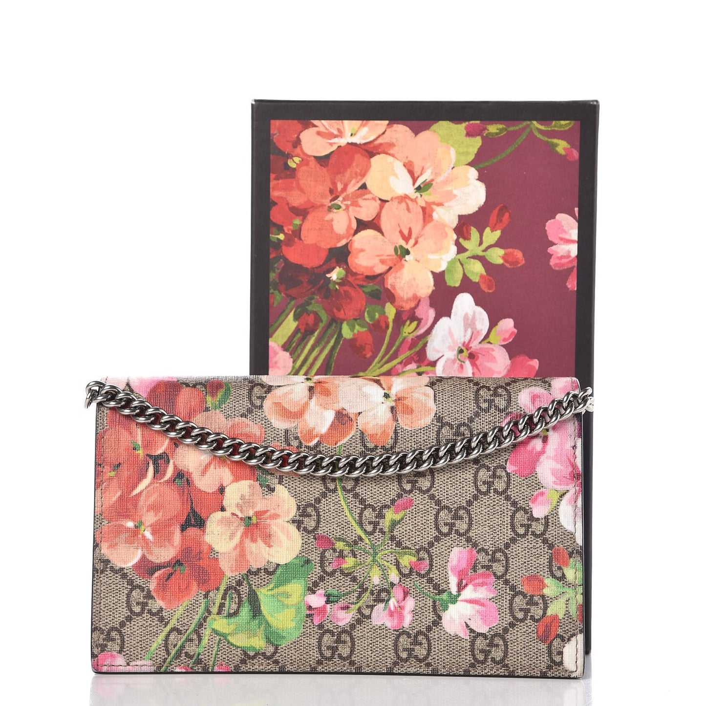 GG Supreme Monogram Blooms Chain Wallet Beige Multicolor Dry Rose