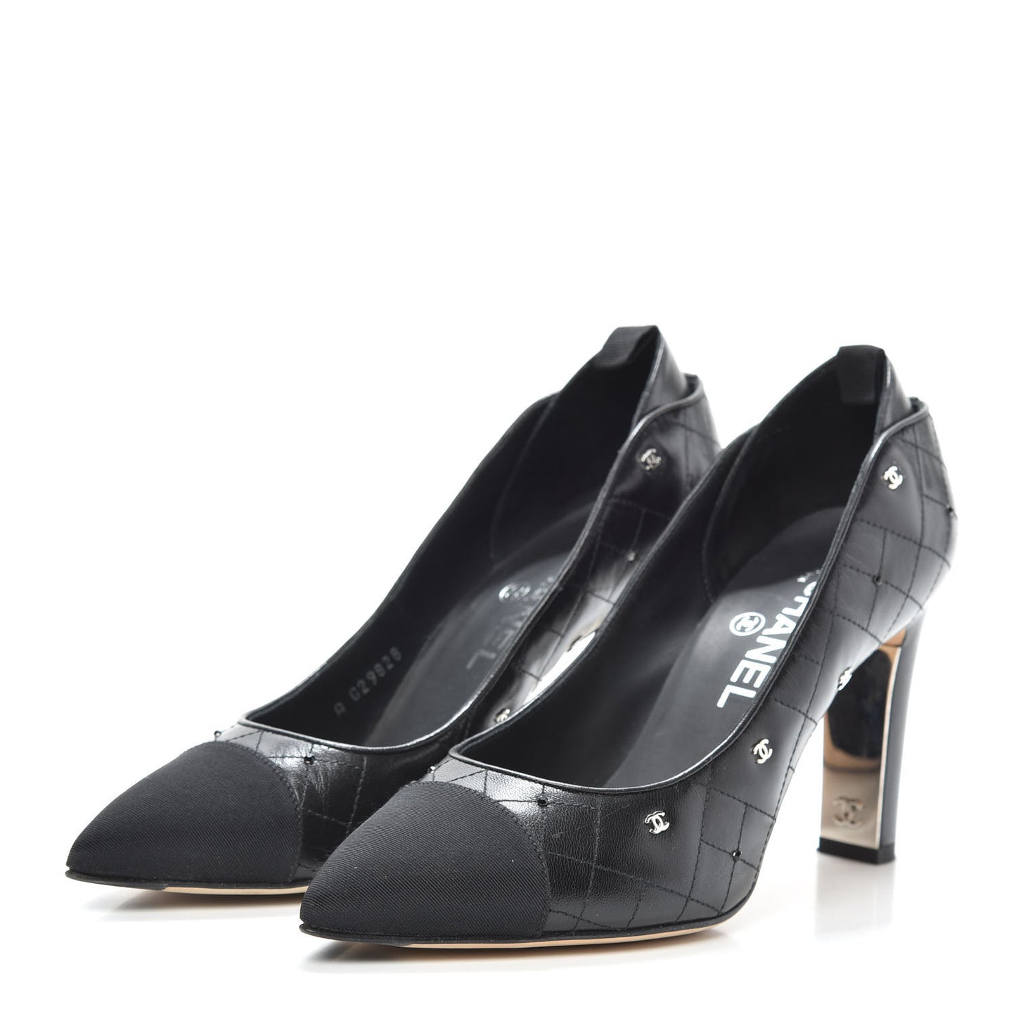 Lambskin Grosgrain Quilted Cap Toe CC Pumps 37.5 Black