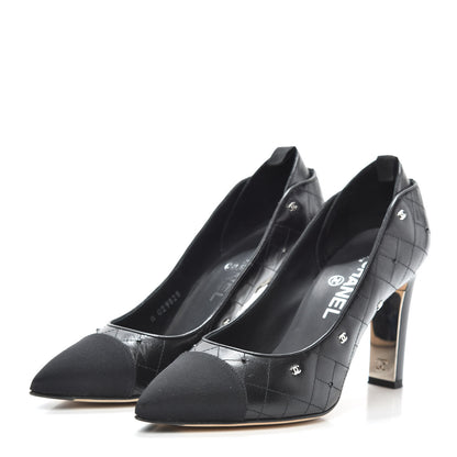 Chanel Lambskin Grosgrain Quilted Cap Toe CC Pumps 37.5 Black 3 of 7