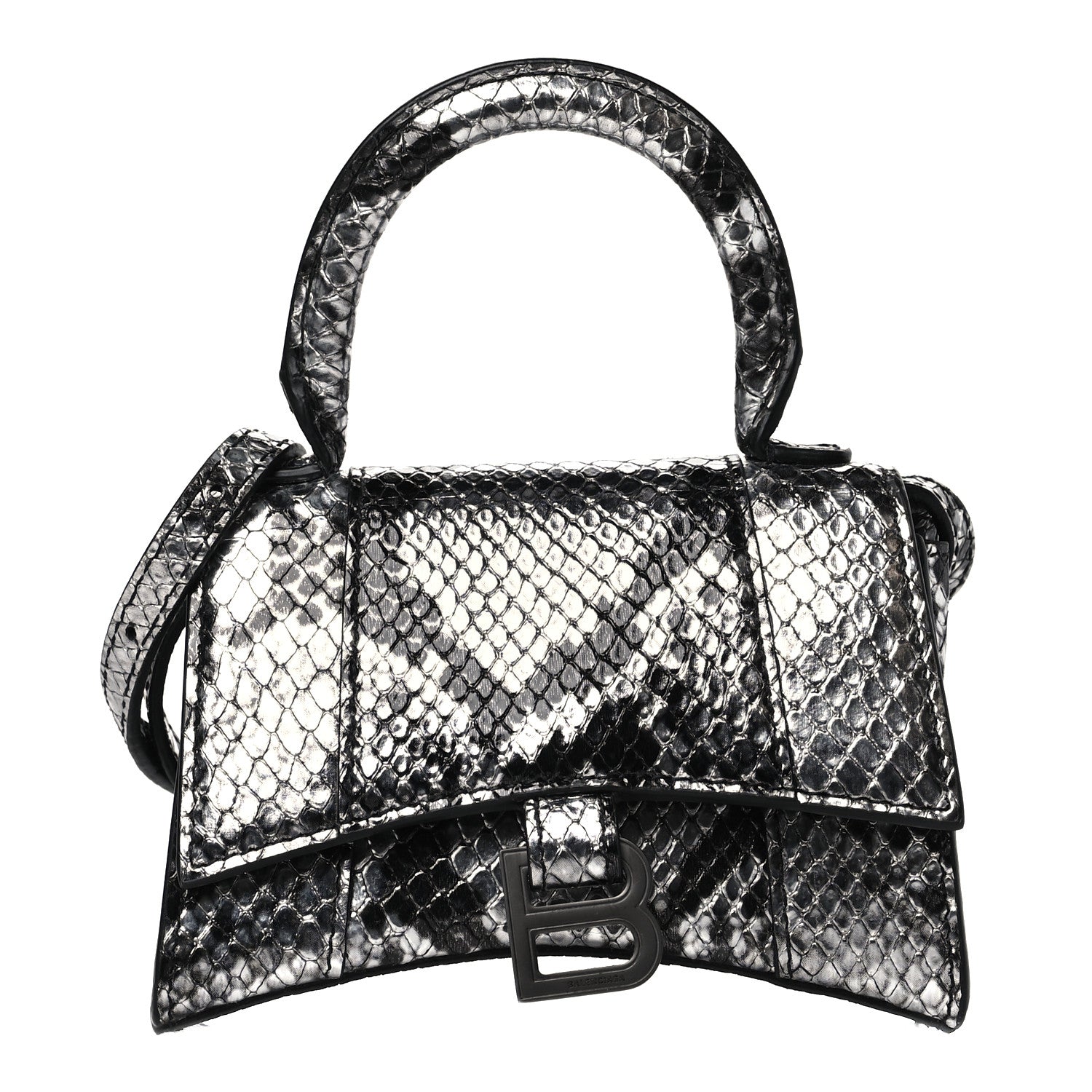 Balenciaga Shiny Calfskin Python Effect Hourglass Top Handle Bag Mini Silver Black 1 of 9
