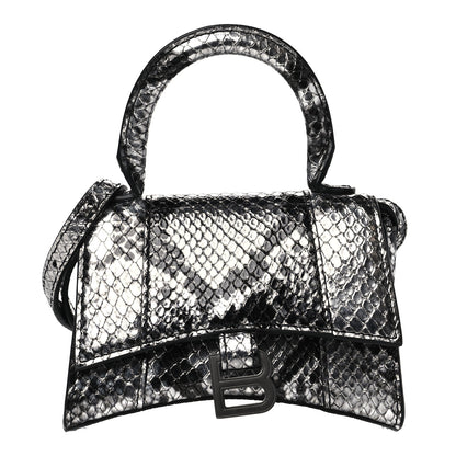 Balenciaga Shiny Calfskin Python Effect Hourglass Top Handle Bag Mini Silver Black 1 of 9