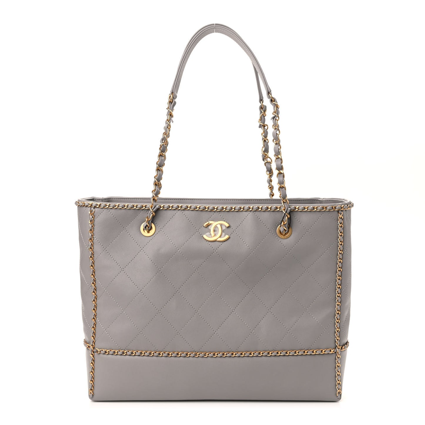 Calfskin Quilted Chain Lines Shopping Tote Grey