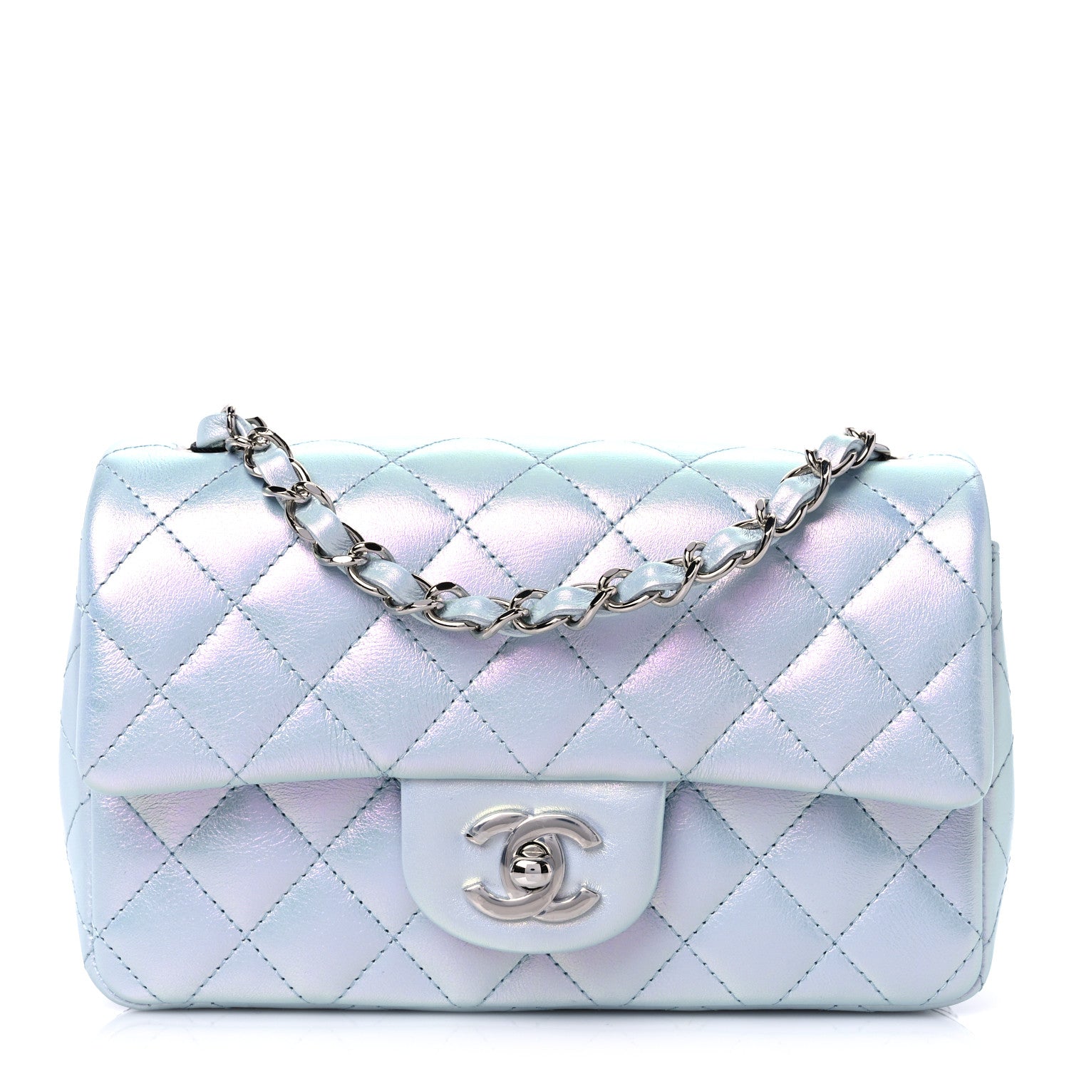 Chanel Iridescent Calfskin Quilted Mini Rectangular Flap Light Blue 1 of 10