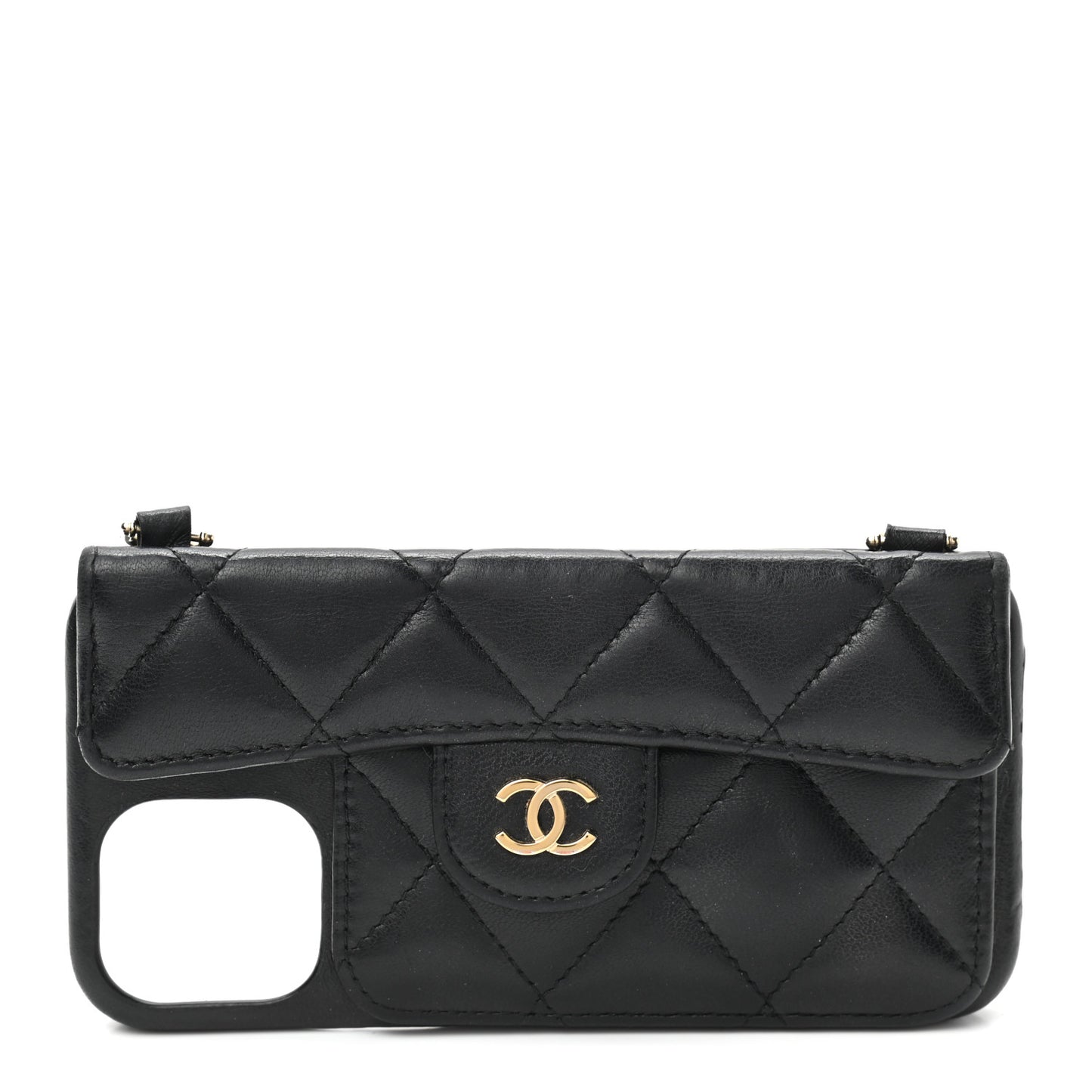 Lambskin Quilted Pearl Crush iPhone XII Pro Holder With Chain Black