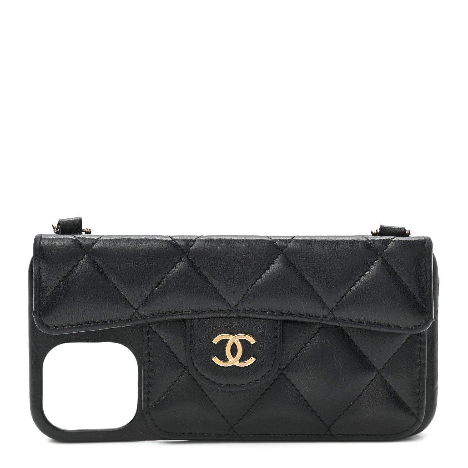 Chanel Lambskin Quilted Pearl Crush iPhone XII Pro Holder With Chain Black 1 of 9