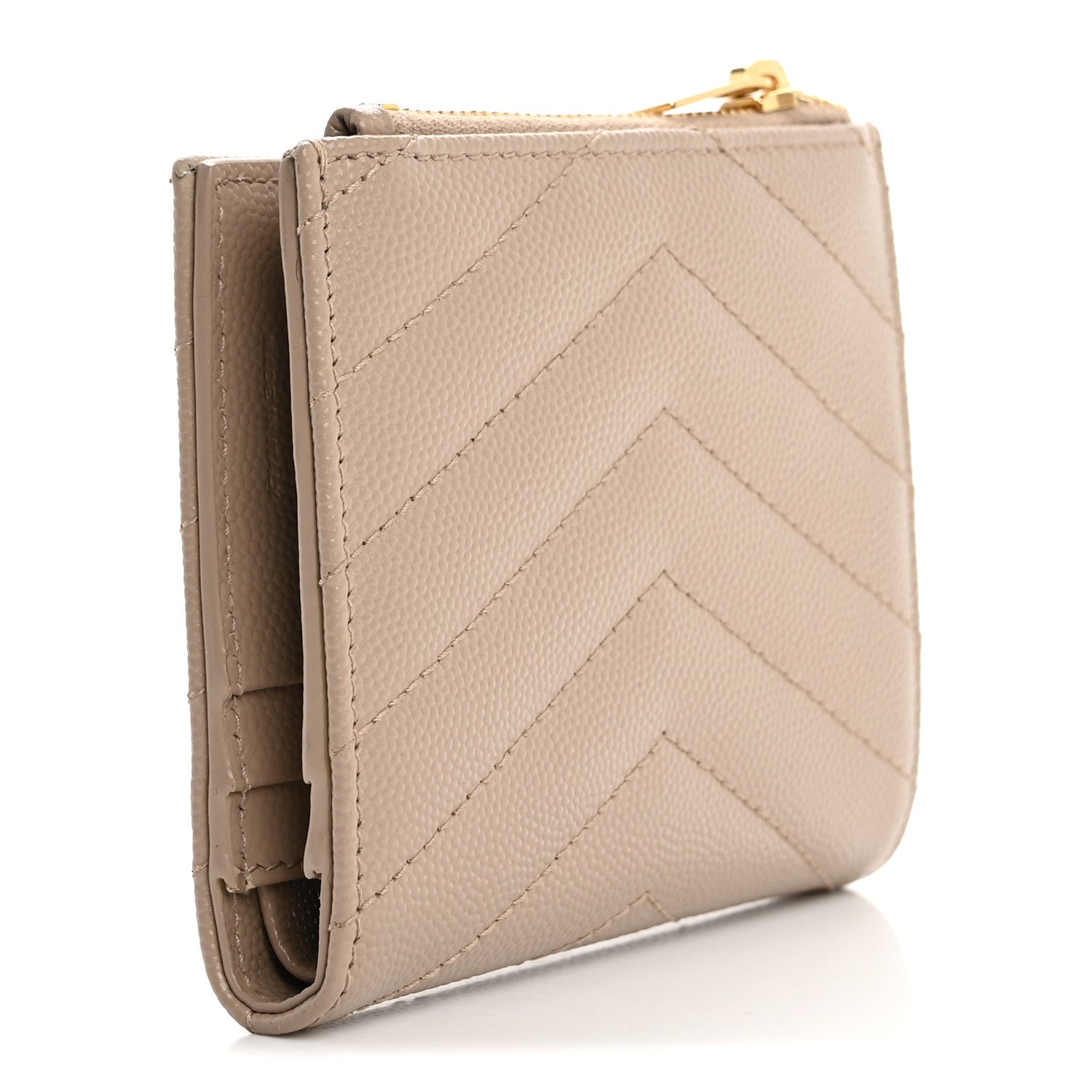Saint Laurent Grain De Poudre Matelasse Chevron Monogram Zipped Card Case Dark Beige 3 of 9