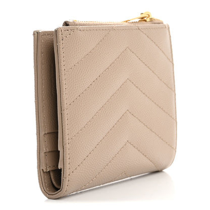 Saint Laurent Grain De Poudre Matelasse Chevron Monogram Zipped Card Case Dark Beige 3 of 9