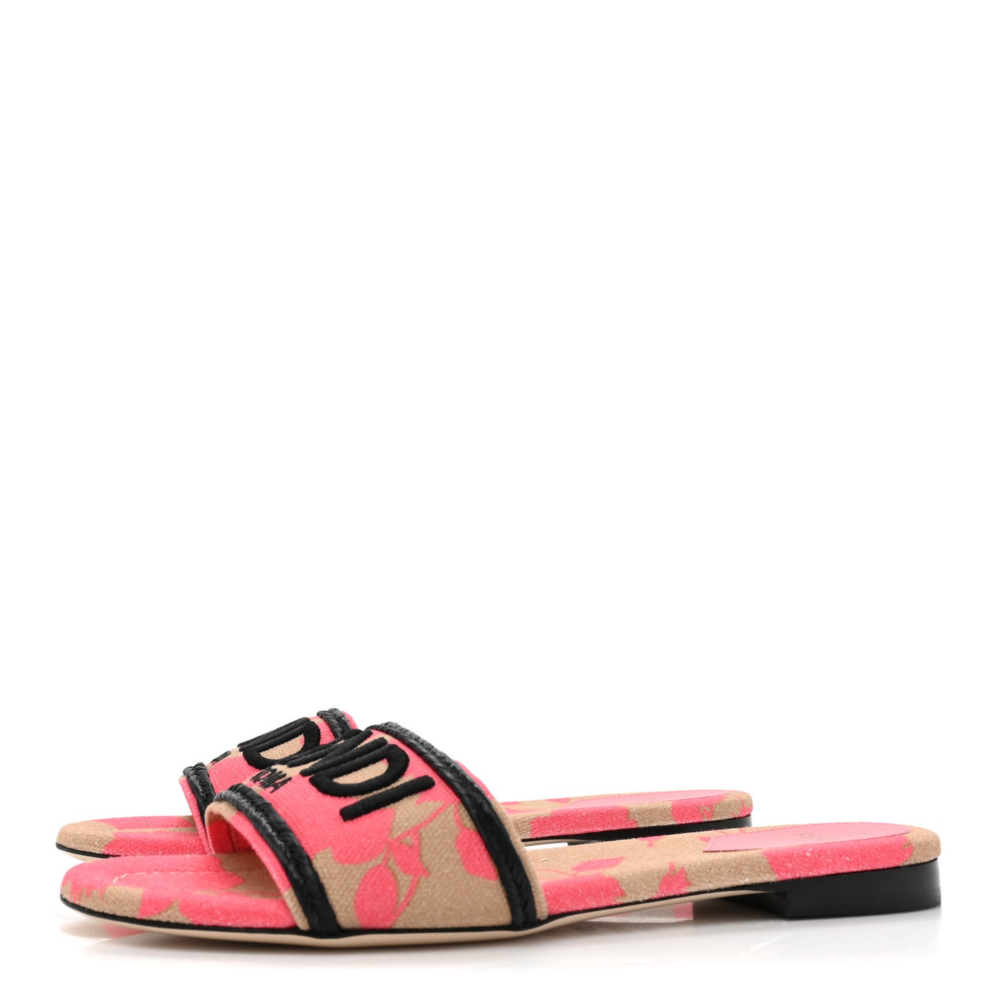 Canvas Rose Logo Embroidered Flat Slide Sandals 38.5 Kissed Black