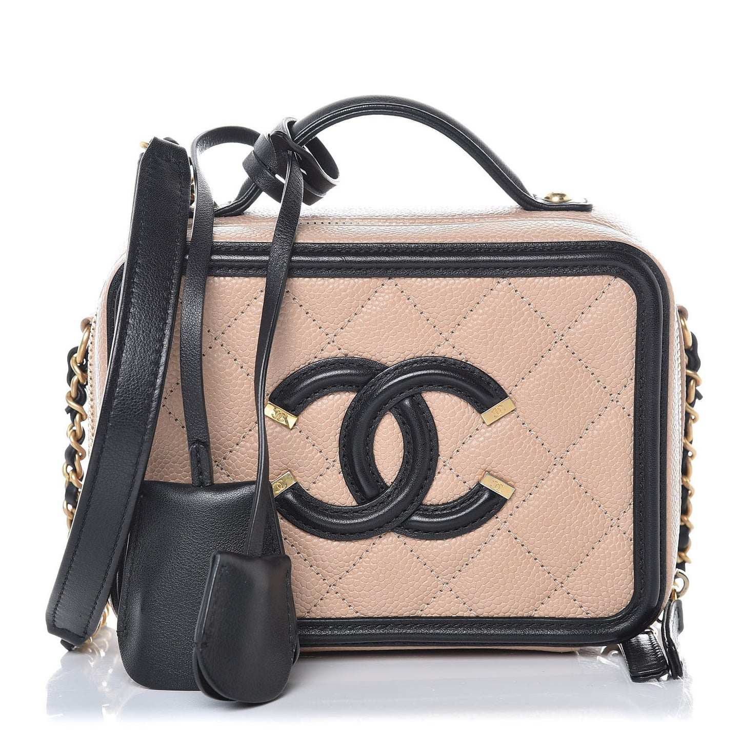 Caviar Quilted Small CC Filigree Vanity Case Beige Black