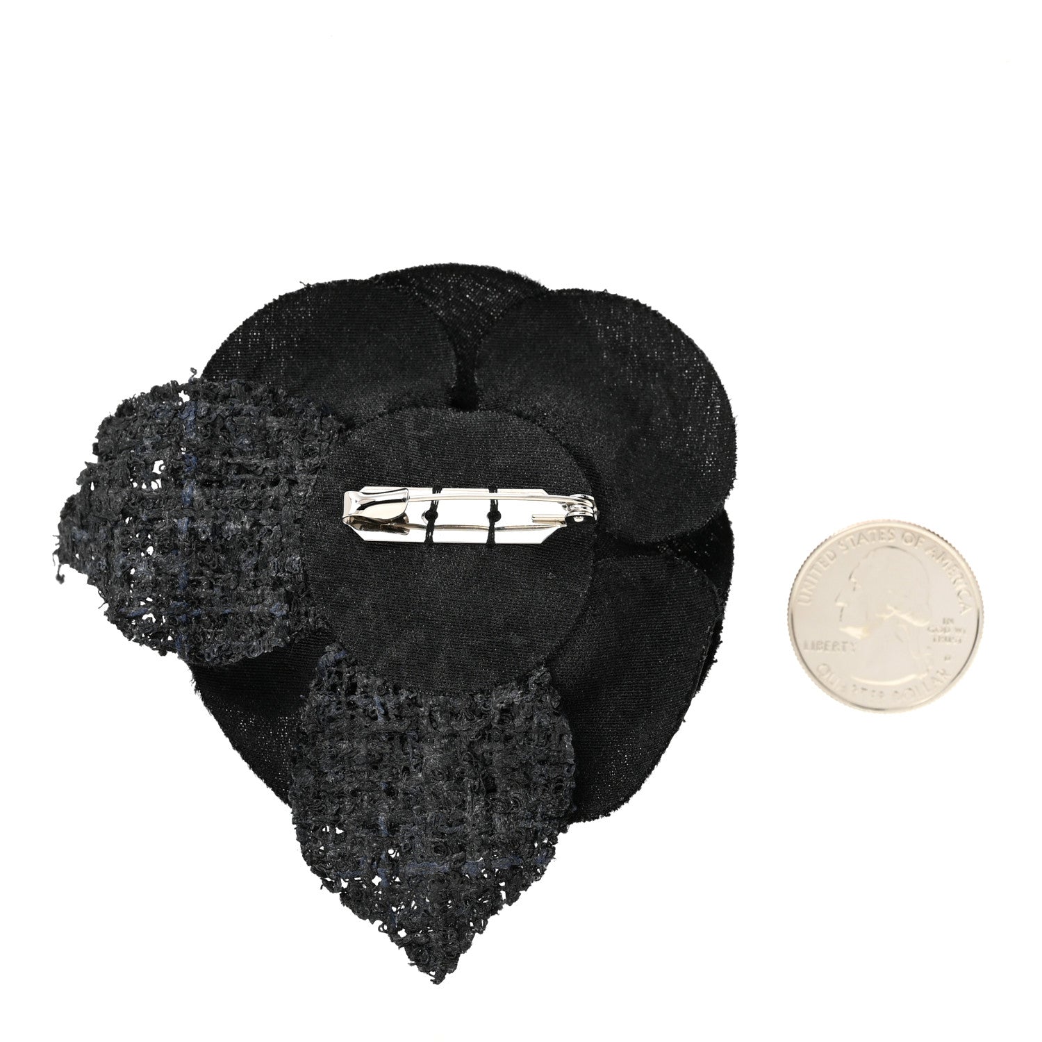 Chanel Tweed Fabric Camellia Pin Brooch Black 3 of 7