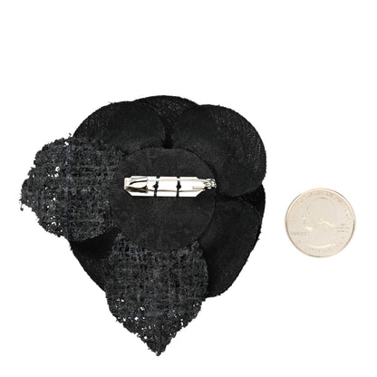 Chanel Tweed Fabric Camellia Pin Brooch Black 3 of 7