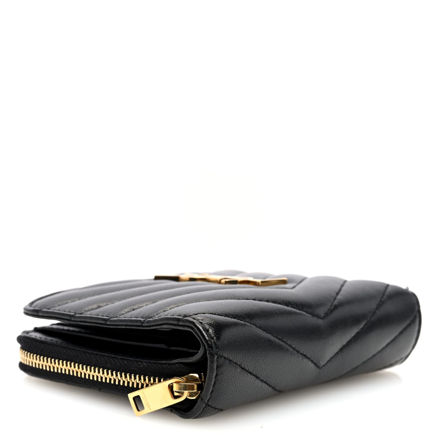 Lambskin Matelasse Chevron Monogram Compact Zip Around Wallet Black