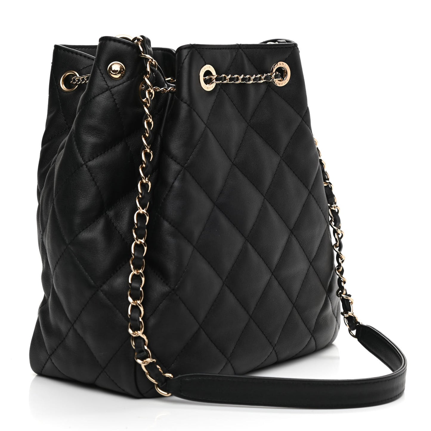 Lambskin Quilted Chain Drawstring Bag Black