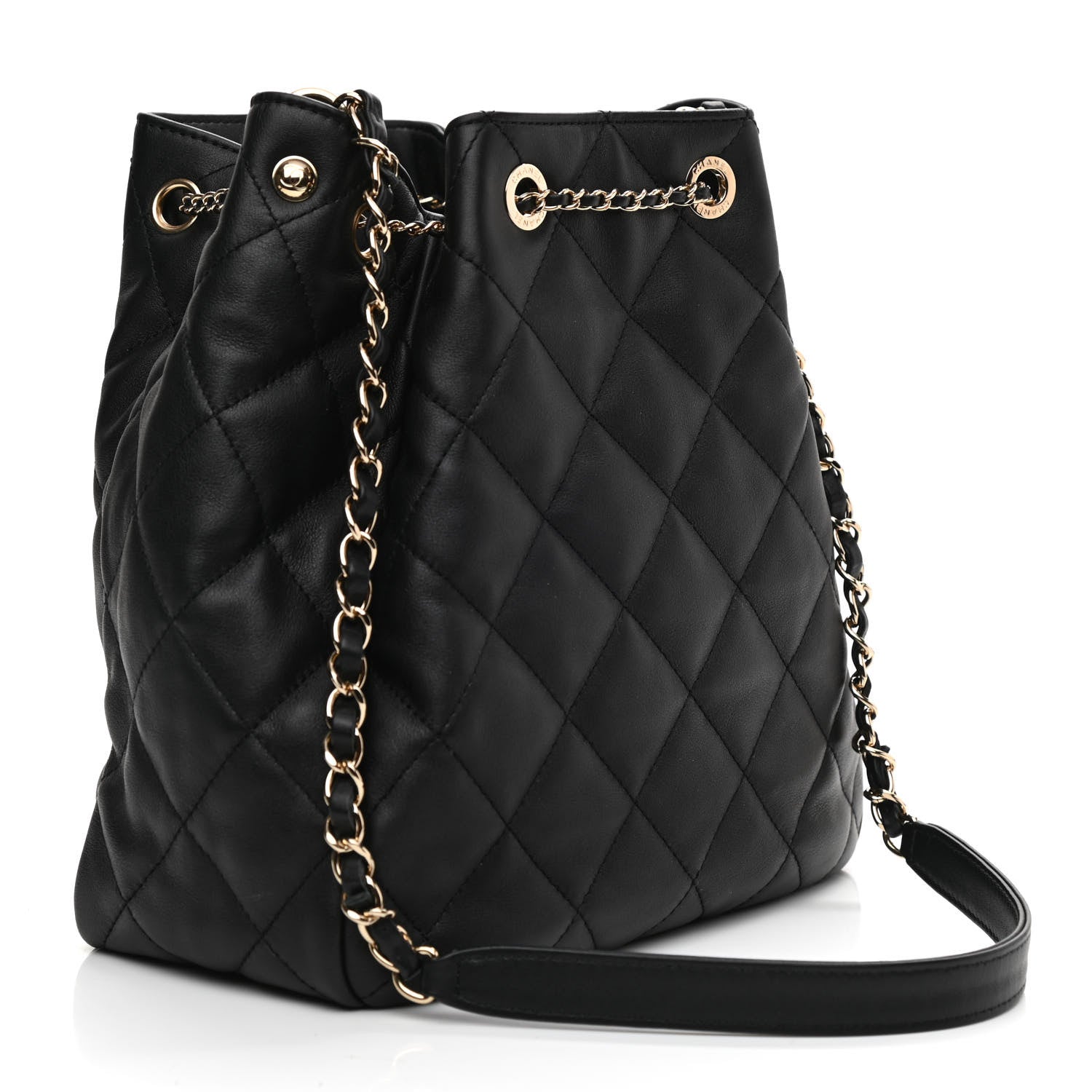 Chanel Lambskin Quilted Chain Drawstring Bag Black 3 of 9