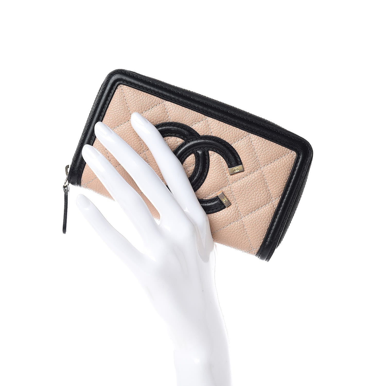 Chanel Caviar Quilted Small Filigree Zip Around Wallet Beige Black 2 of 15
