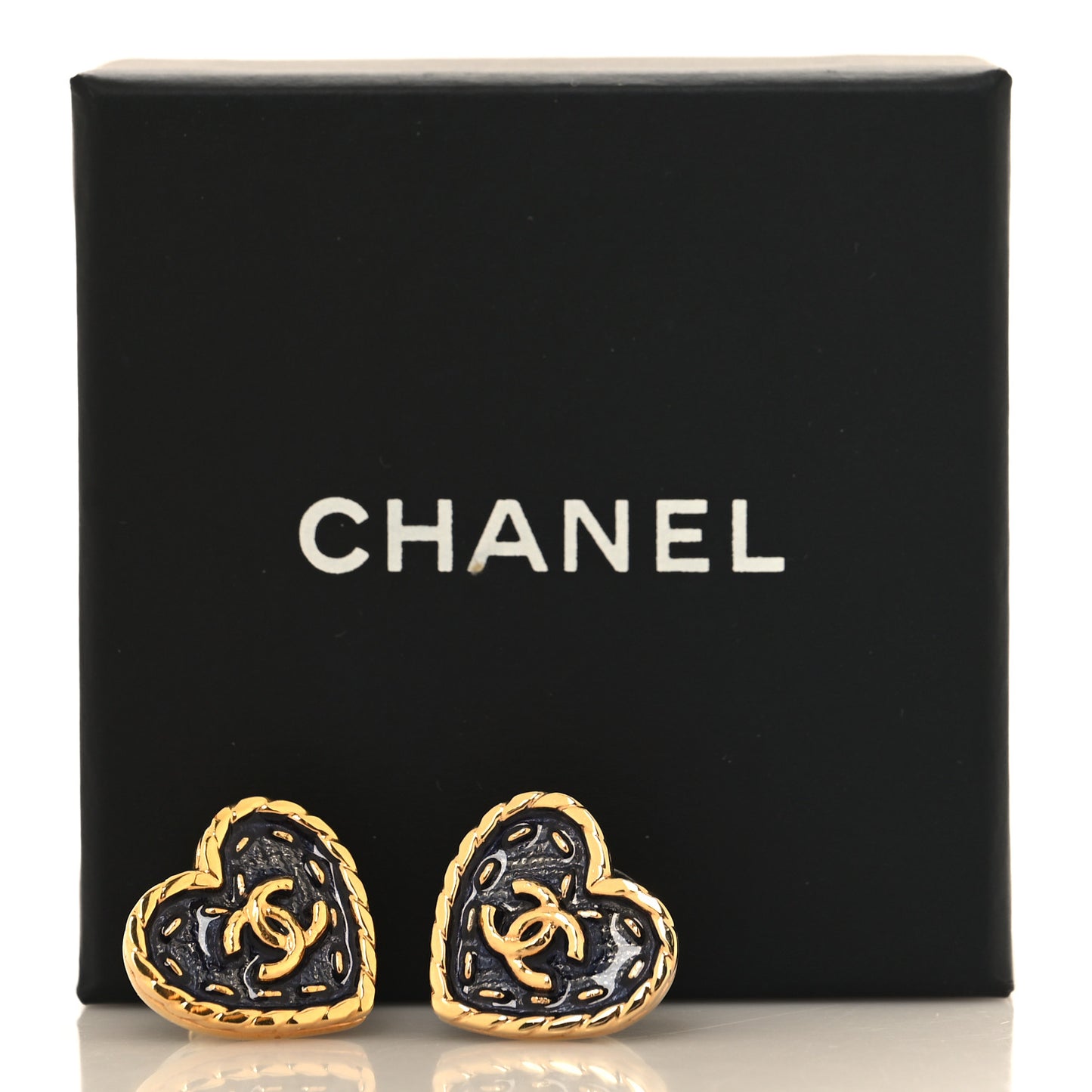 Metal Enamel CC Denim Heart Earrings Gold Blue