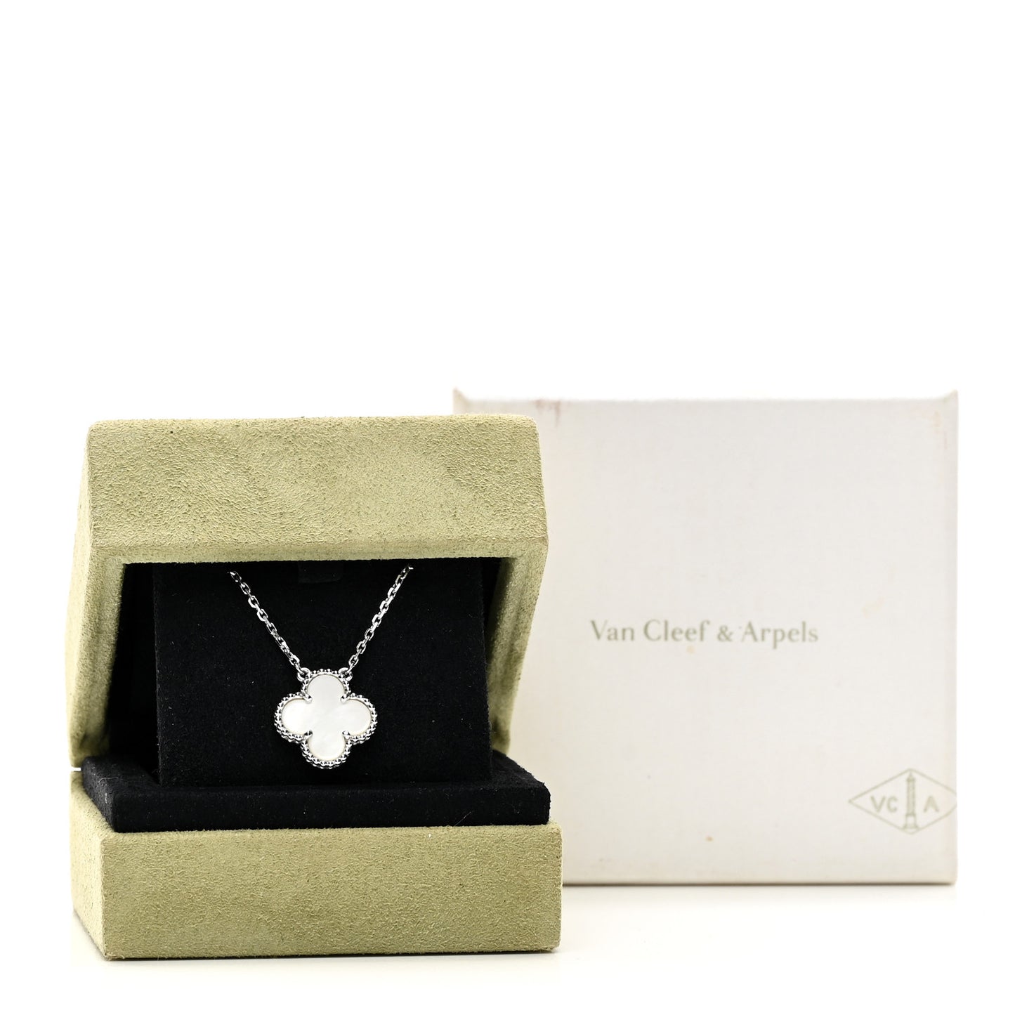 18K White Gold Mother of Pearl Vintage Alhambra Pendant Necklace