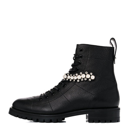 Jimmy Choo Grained Calfskin Crystal Embellished Cruz Combat Boots 38 Black 1 of 7