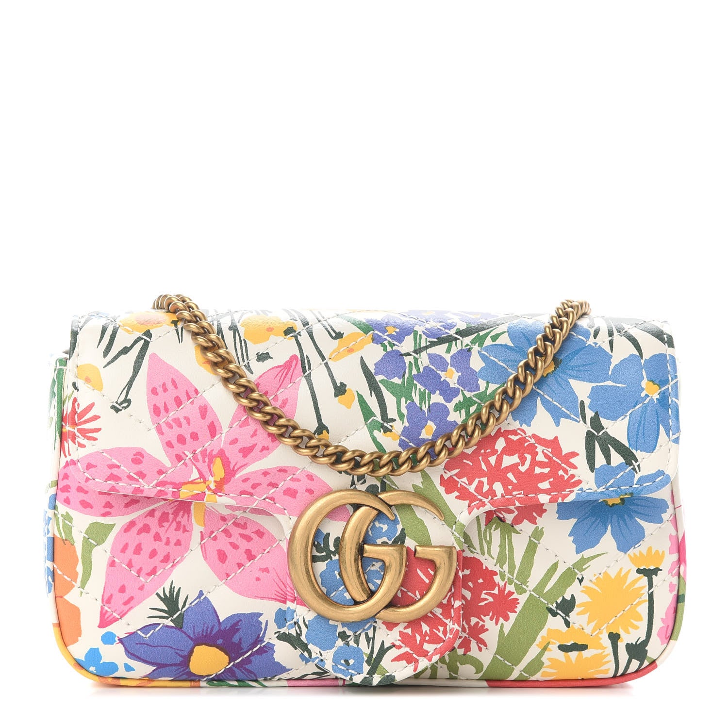 Gucci X KEN SCOTT Calfskin Matelasse Floral Print Super Mini GG Marmont Shoulder Bag Ivory Pink 1 of 8