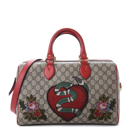 Gucci GG Supreme Monogram Kingsnake Heart Embroidered Medium Boston Hibiscus Red 1 of 17