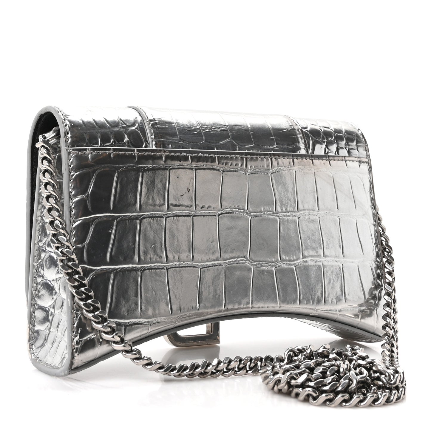 Metallic Calfskin Crocodile Embossed Hourglass Chain Bag Silver
