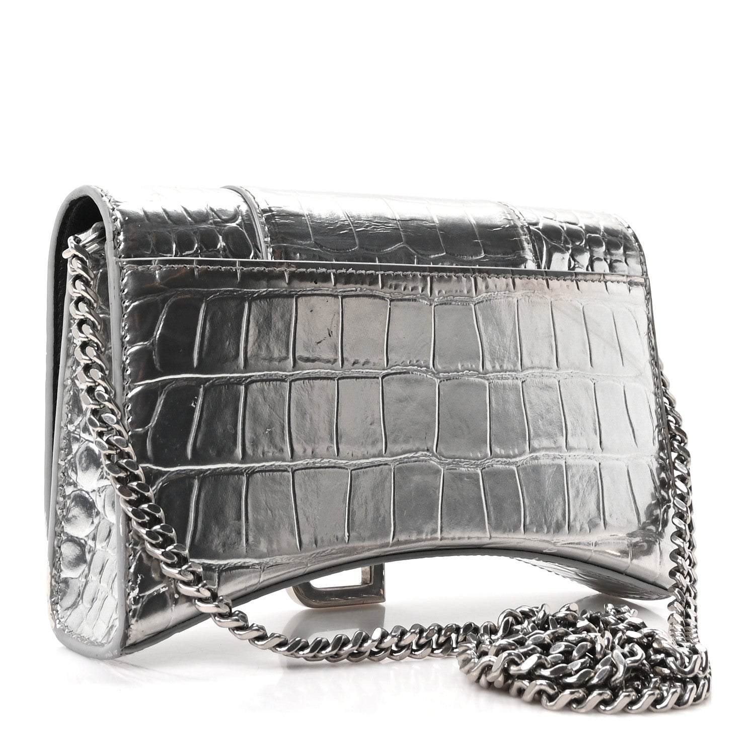 Balenciaga Metallic Calfskin Crocodile Embossed Hourglass Chain Bag Silver 3 of 12