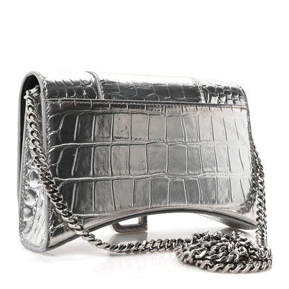 Balenciaga Metallic Calfskin Crocodile Embossed Hourglass Chain Bag Silver 3 of 12