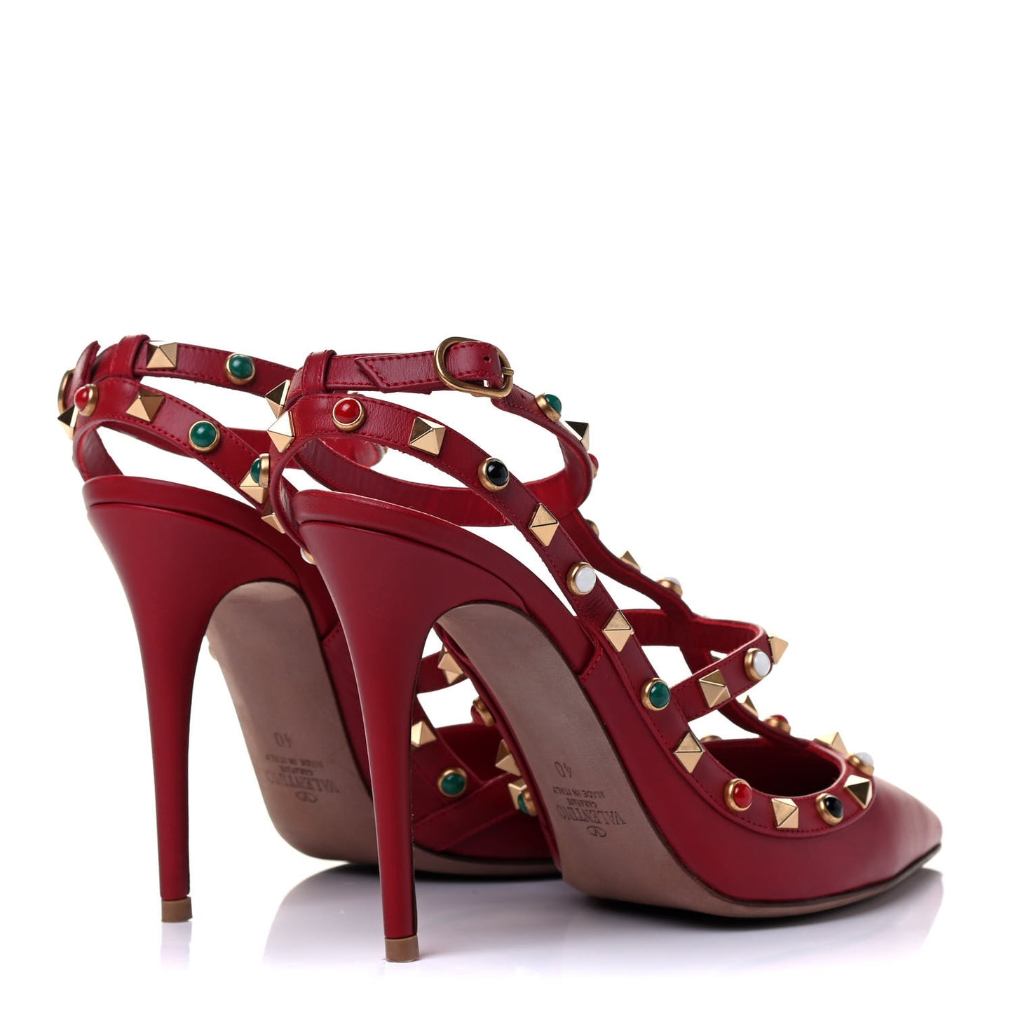 Calfskin Rockstud Rolling Ankle Strap 100mm Pumps 40 Rosso Valentino