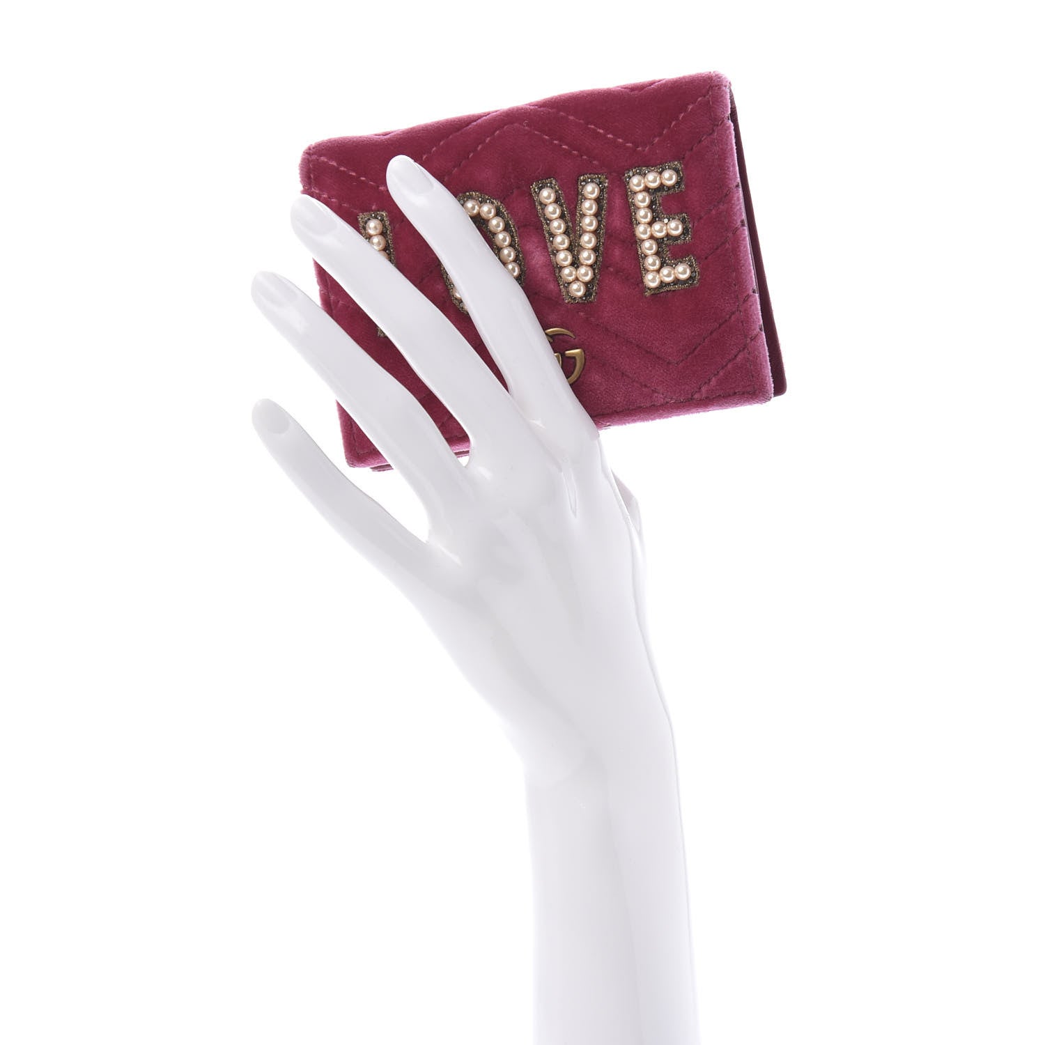 Gucci Velvet Matelasse Pearl Love Embroidered GG Marmont Card Case Wallet Light Raspberry Rose 2 of 9