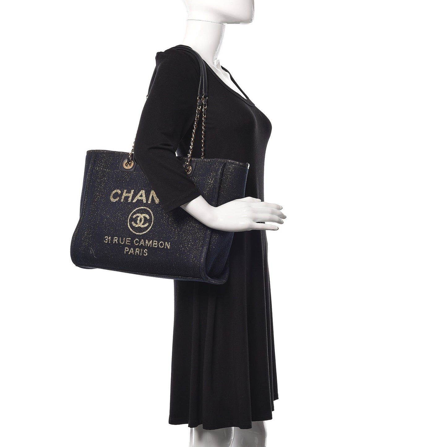 Lurex Canvas Small Deauville Tote Navy Blue Gold