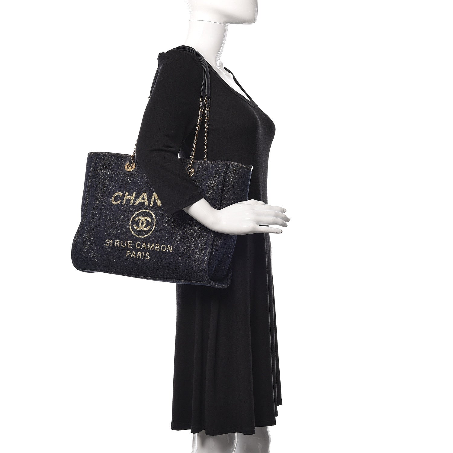 Chanel Lurex Canvas Small Deauville Tote Navy Blue Gold 2 of 11