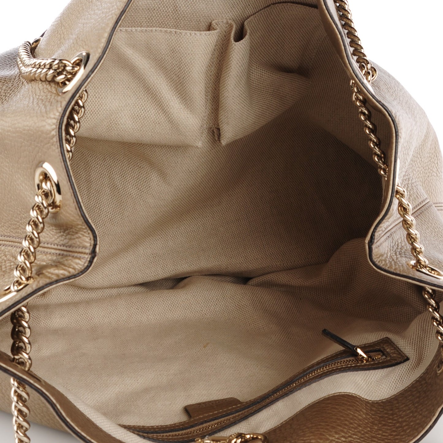 Metallic Pebbled Calfskin Large Soho Chain Shoulder Bag Golden Beige