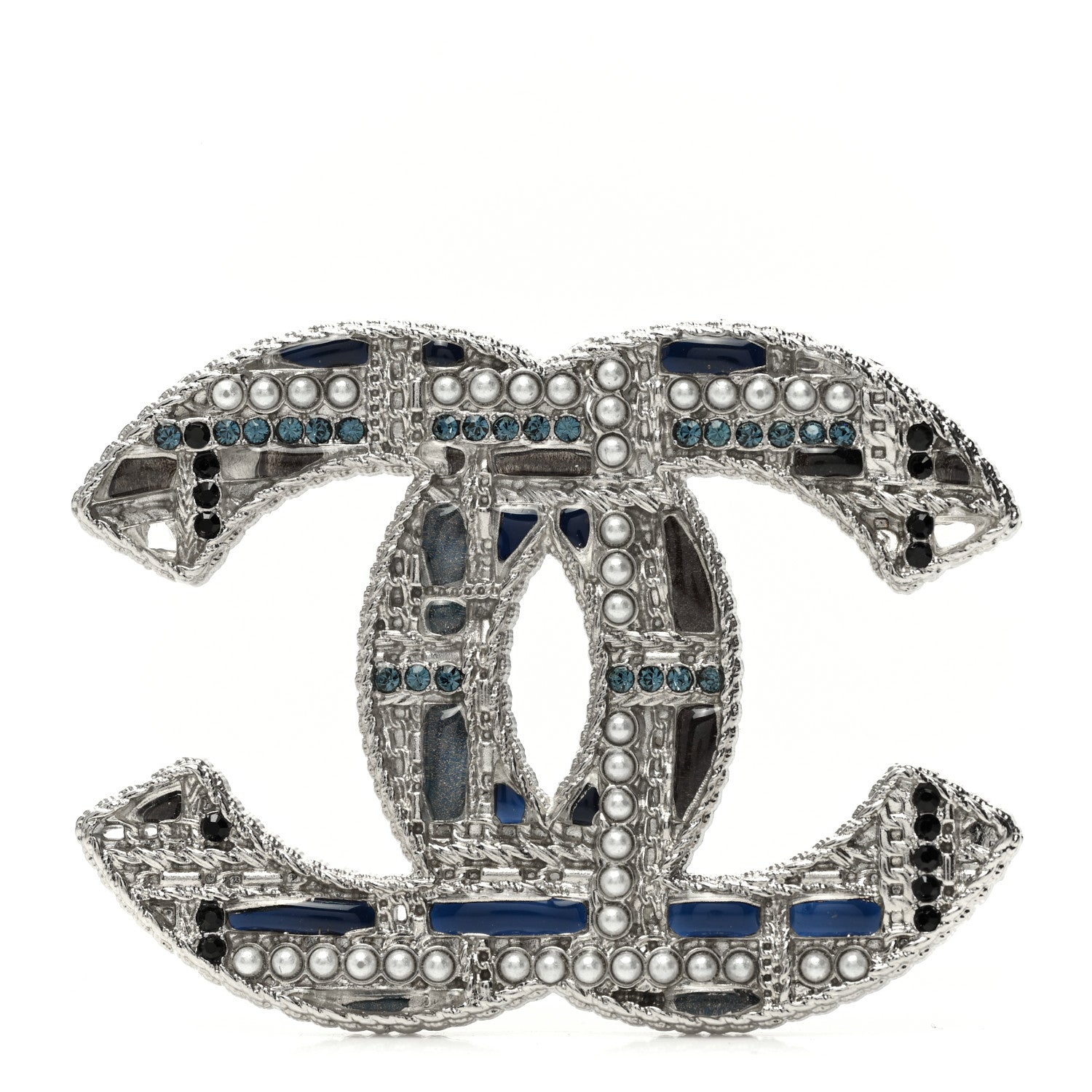 Chanel Crystal Pearl CC Tweed Brooch Blue White Pearly White 1 of 5
