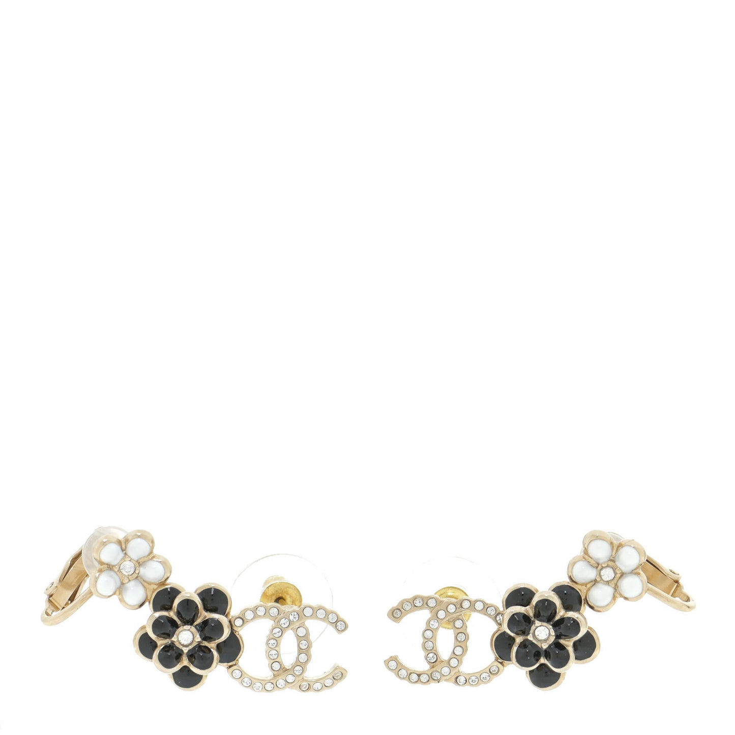 Crystal Enamel Flower CC Earrings Gold White Black