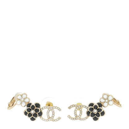 Chanel Crystal Enamel Flower CC Earrings Gold White Black 1 of 6