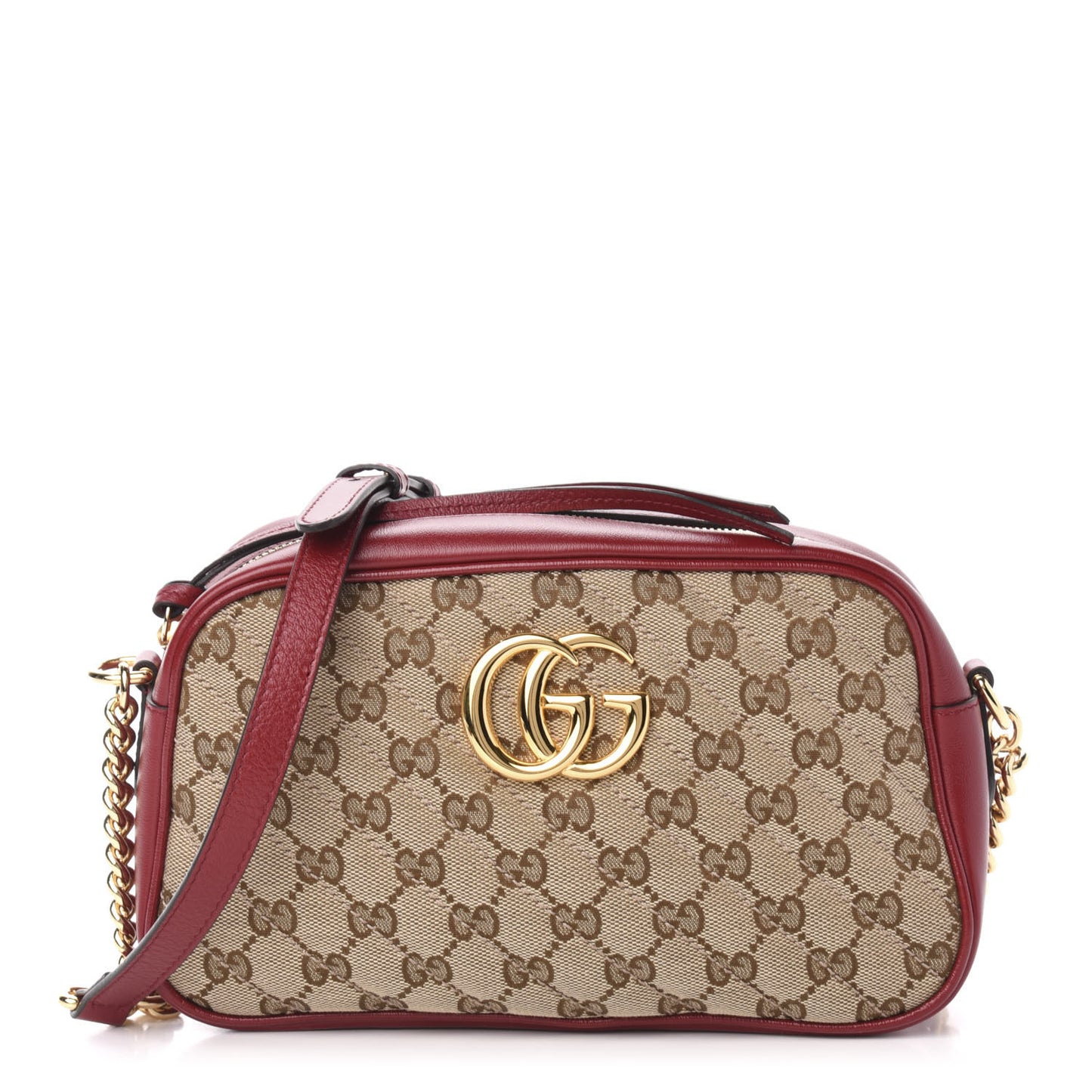 Monogram Azalea Calfskin Matelasse Diagonal Small GG Marmont Chain Shoulder Bag Beige Ebony New Cherry Red