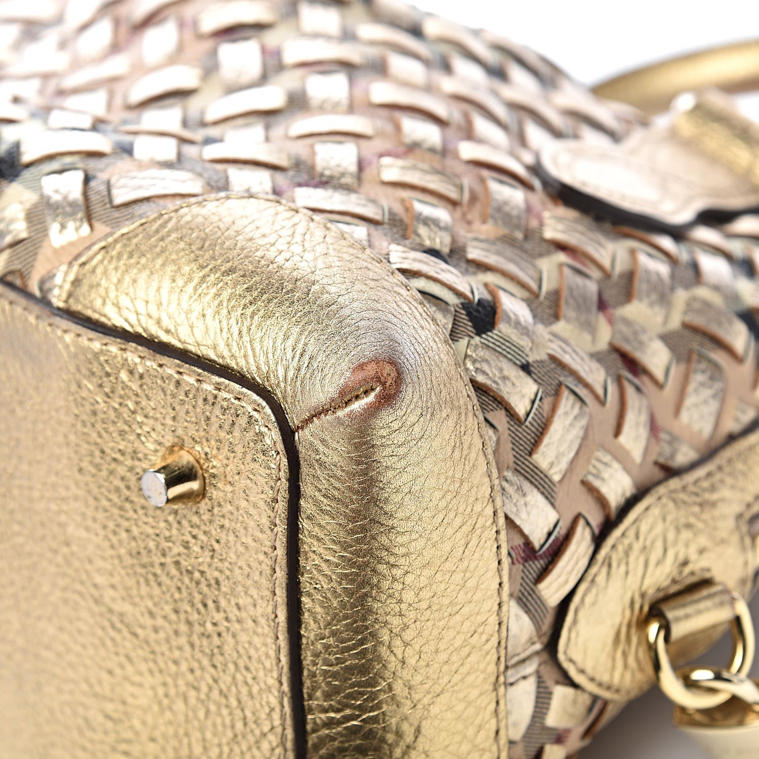 Burberry Metallic Woven Haymarket Check Small Thornley Satchel Gold 12 of 13