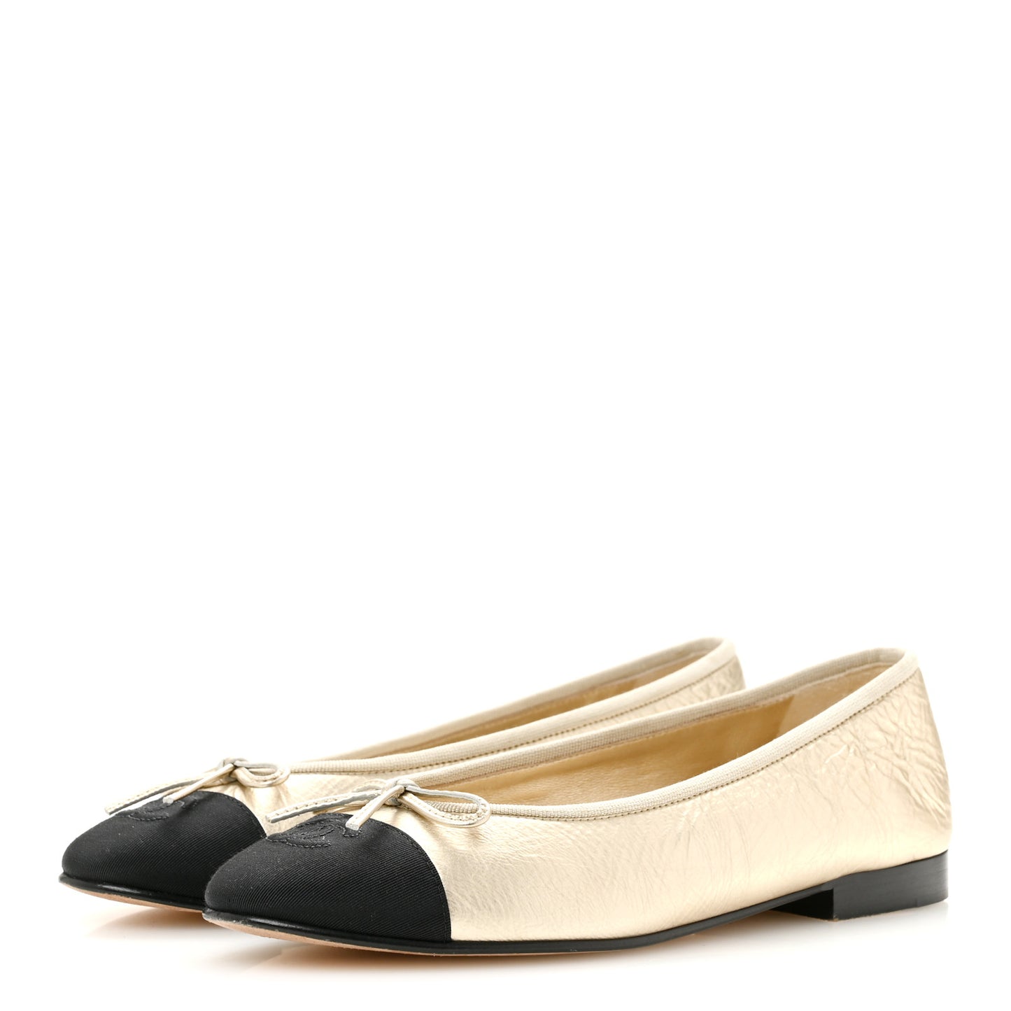 Metallic Laminated Lambskin Grosgrain CC Cap Toe Ballerina Flats 37.5 Light Gold Black