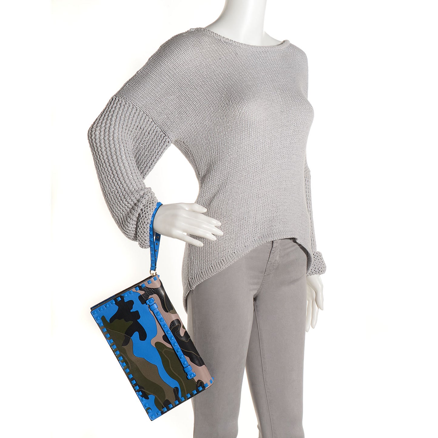 Nappa Canvas Camouflage Rockstud Wristlet Clutch Green Blue Fluo