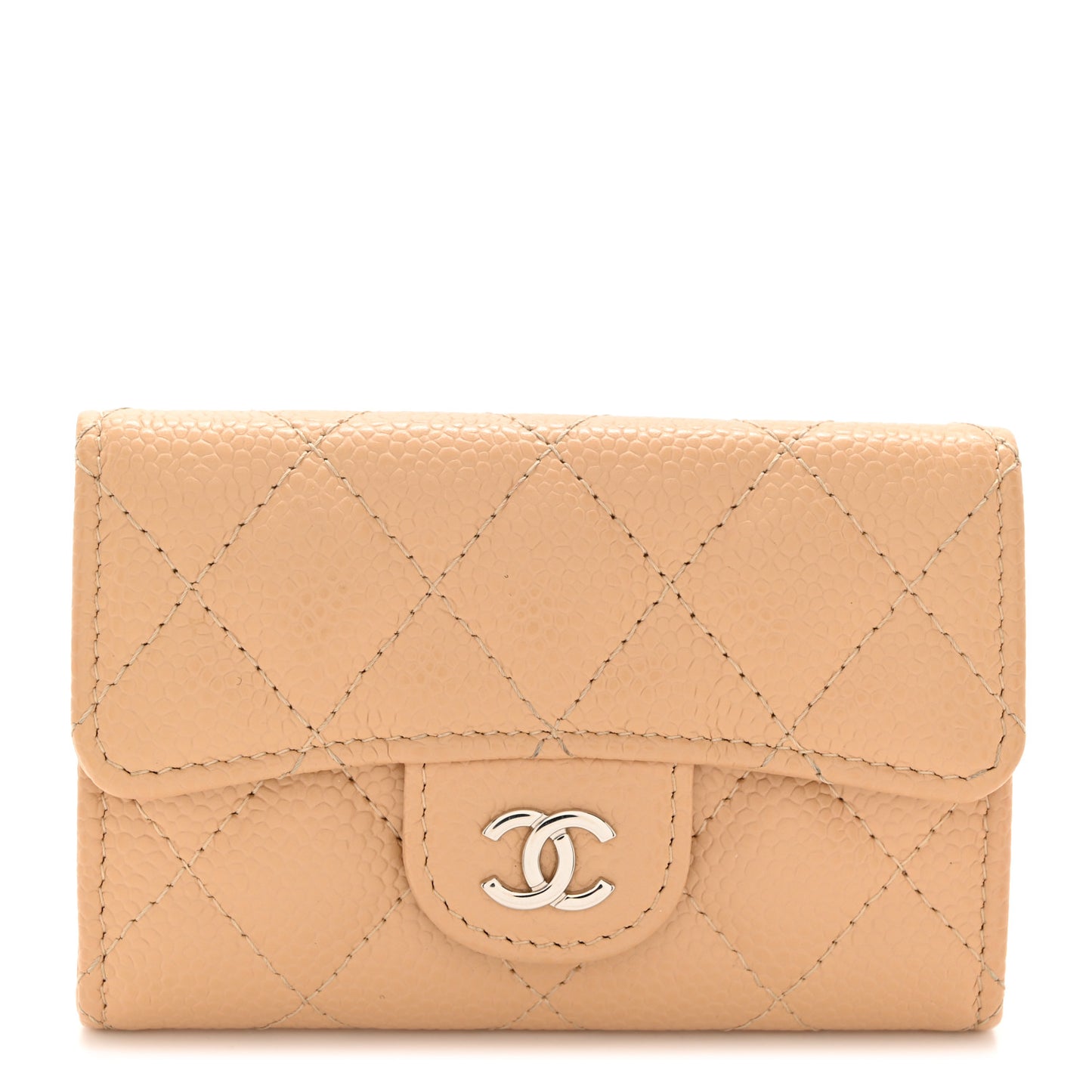 Caviar Quilted Flap Card Holder Wallet Beige
