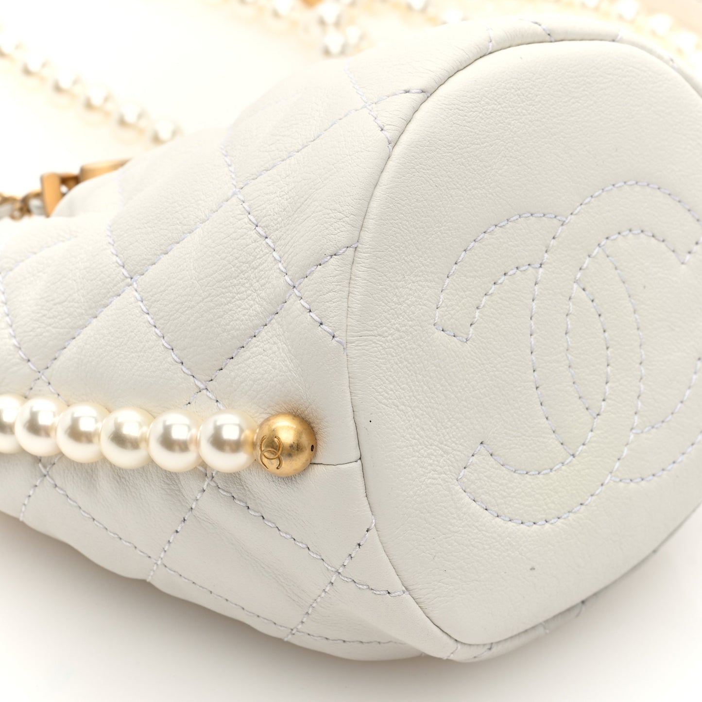 Calfskin Quilted Pearl Mini About Pearls Drawstring Bucket Bag White