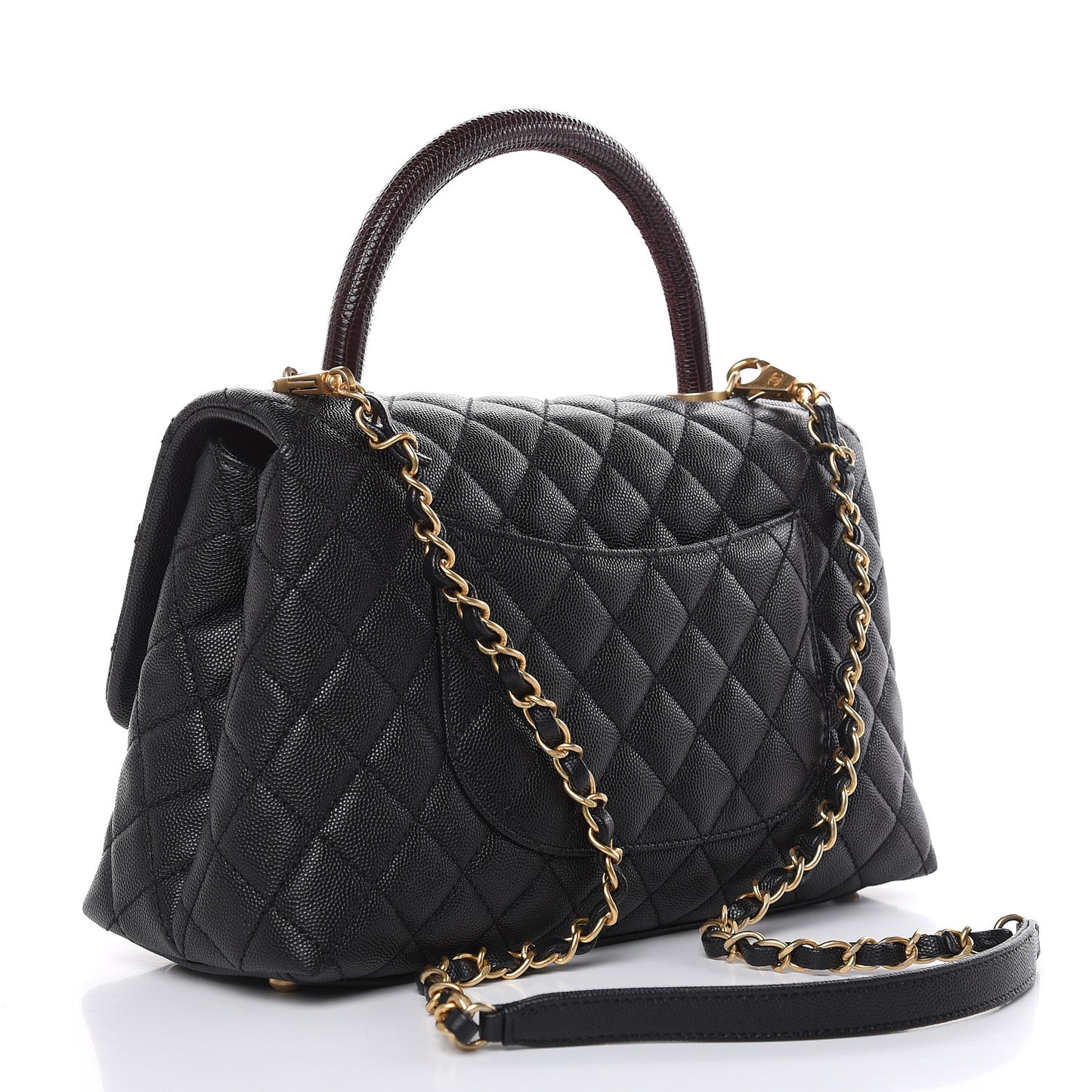 Caviar Lizard Embossed Quilted Small Coco Handle Flap Black