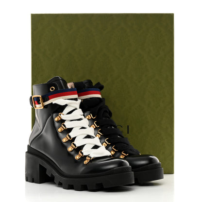 Gucci Calfskin Sylvie Web Womens Lace Up Combat Boots 38 Black 9 of 9